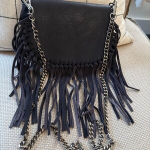 Navy blue fringe leather chain crossbody
